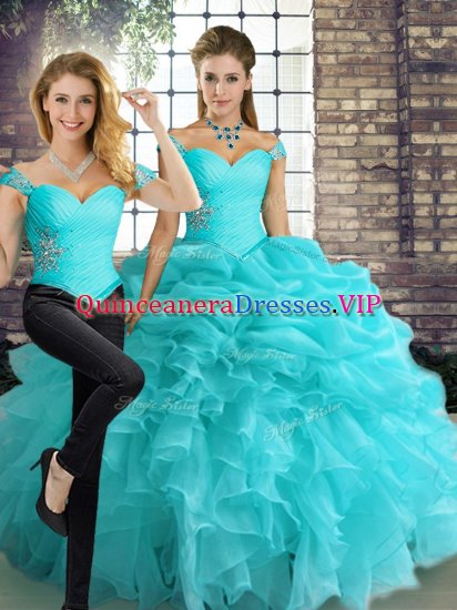 Floor Length Lace Up Vestidos de Quinceanera Aqua Blue for Military Ball and Sweet 16 and Quinceanera with Beading and Ruffles and Pick Ups - Click Image to Close