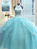 Halter Top Floor Length Aqua Blue Sweet 16 Dresses Tulle Sleeveless Beading and Lace and Appliques(SKU PSSW0537BIZ)