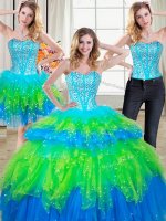 Most Popular Three Piece Sweetheart Sleeveless Ball Gown Prom Dress Floor Length Beading and Ruffled Layers Multi-color Tulle