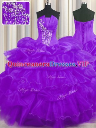 Pick Ups Ruffled Floor Length Purple Quinceanera Dress Strapless Sleeveless Lace Up