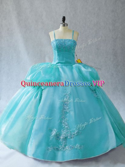 Floor Length Aqua Blue Ball Gown Prom Dress Straps Sleeveless Lace Up - Click Image to Close