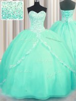 Classical Turquoise Sweetheart Lace Up Beading and Appliques 15th Birthday Dress Brush Train Sleeveless
