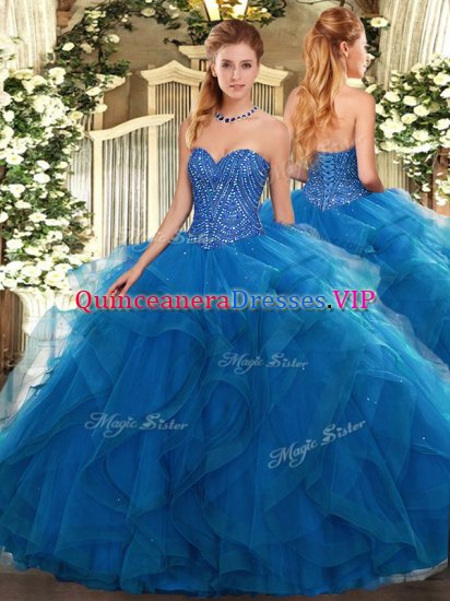 Blue Sleeveless Beading and Ruffles Floor Length Quinceanera Gowns - Click Image to Close