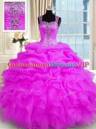 Fuchsia Vestidos de Quinceanera Military Ball and Sweet 16 and Quinceanera with Beading and Ruffles Straps Sleeveless Zipper