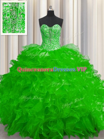 Great See Through Organza Lace Up Sweetheart Sleeveless Floor Length 15 Quinceanera Dress Beading and Ruffles - Click Image to Close