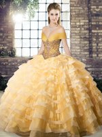 Romantic Gold Ball Gowns Organza Off The Shoulder Sleeveless Beading and Ruffled Layers Lace Up Sweet 16 Dresses Brush Train