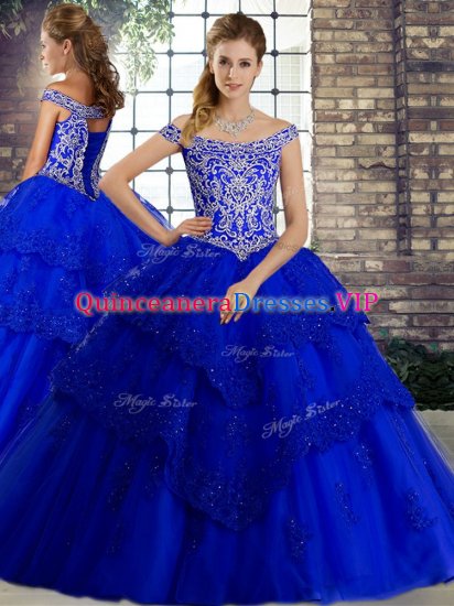 Exquisite Royal Blue Sleeveless Brush Train Beading and Lace Quinceanera Gown - Click Image to Close