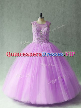 Customized Beading Quinceanera Gowns Lilac Lace Up Sleeveless Floor Length