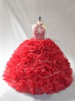 Delicate Sleeveless Organza Brush Train Lace Up Sweet 16 Dress in Red with Beading and Ruffles(SKU PSSW1091BIZ)