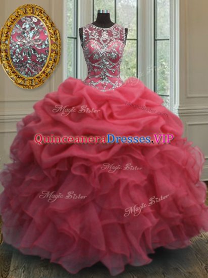 Popular Scoop Coral Red Sleeveless Floor Length Beading and Ruffles and Pick Ups Lace Up 15 Quinceanera Dress - Click Image to Close