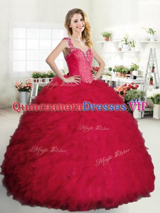 Straps Tulle Sleeveless Floor Length 15 Quinceanera Dress and Beading and Ruffles