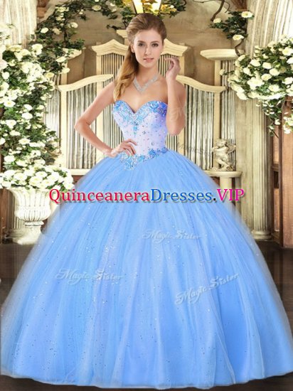 Clearance Baby Blue Tulle Lace Up Sweetheart Sleeveless Floor Length Quinceanera Dress Beading - Click Image to Close