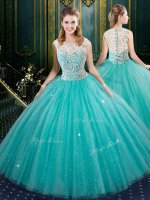 Aqua Blue High-neck Zipper Lace Quinceanera Dresses Sleeveless(SKU SJQDDT912002BIZ)