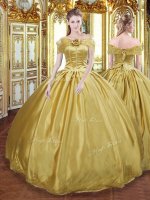 Gold Ball Gowns Tulle Off The Shoulder Sleeveless Beading and Appliques and Hand Made Flower Floor Length Lace Up Quince Ball Gowns