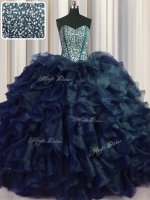 Great Visible Boning Bling-bling Navy Blue Organza Lace Up Quinceanera Gown Sleeveless With Brush Train Beading and Ruffles