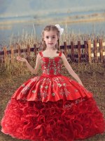Fantastic Red Sleeveless Fabric With Rolling Flowers Sweep Train Lace Up Evening Gowns for Wedding Party