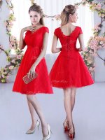 Top Selling Red Dama Dress Wedding Party with Lace V-neck Cap Sleeves Lace Up(SKU BMT0391BIZ)