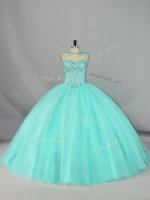 Ideal Tulle Scoop Sleeveless Brush Train Lace Up Beading Quinceanera Gowns in Apple Green