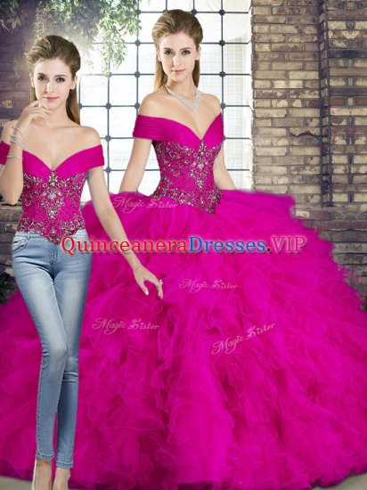 Fuchsia Lace Up Quinceanera Gowns Beading and Ruffles Sleeveless Floor Length - Click Image to Close