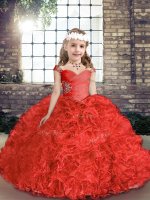 Red Ball Gowns Beading Little Girls Pageant Dress Wholesale Lace Up Organza and Fabric With Rolling Flowers Sleeveless Floor Length