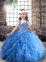 Blue Lace Up Straps Beading and Ruffles Little Girls Pageant Dress Wholesale Tulle Sleeveless
