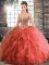 Floor Length Coral Red Quinceanera Gown Tulle Sleeveless Beading and Ruffles