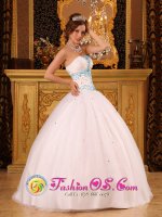 Elk City Oklahoma/OK Beautiful Beading White Quinceanera Dress For Custom Made Strapless Satin and Organza Ball Gown