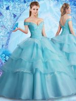 Luxurious Off the Shoulder Aqua Blue Sleeveless With Train Beading and Ruffled Layers Lace Up Sweet 16 Dress(SKU CDLAPJ004BIZ)