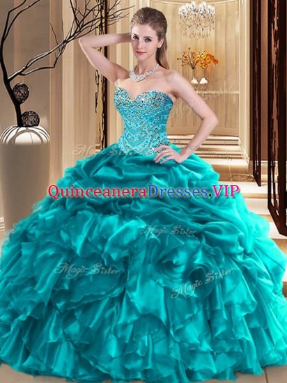 Pick Ups Ball Gowns Military Ball Gowns Teal Sweetheart Organza Sleeveless Floor Length Lace Up - Click Image to Close