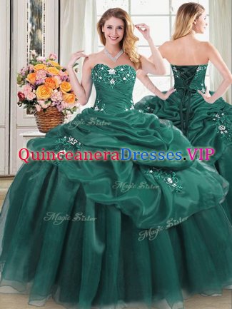 Smart Dark Green Ball Gowns Organza Sweetheart Sleeveless Beading and Appliques and Pick Ups Floor Length Lace Up Quinceanera Dresses