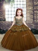 Custom Design Floor Length Brown Kids Pageant Dress Tulle Sleeveless Beading and Appliques(SKU PAG1255-10BIZ)