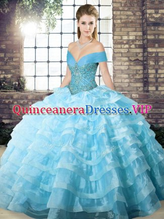 Smart Aqua Blue Off The Shoulder Lace Up Beading and Ruffled Layers Quinceanera Dress Brush Train Sleeveless