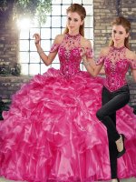 Floor Length Two Pieces Sleeveless Fuchsia Sweet 16 Dresses Lace Up