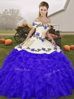 Delicate Floor Length Lace Up Quinceanera Gowns Blue for Military Ball and Sweet 16 and Quinceanera with Embroidery and Ruffles