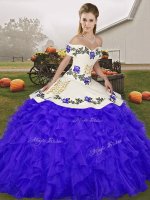 Delicate Floor Length Lace Up Quinceanera Gowns Blue for Military Ball and Sweet 16 and Quinceanera with Embroidery and Ruffles(SKU SJQDDT2140002-7BIZ)