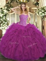 Fuchsia Ball Gowns Tulle Sweetheart Sleeveless Beading and Ruffles Floor Length Lace Up Ball Gown Prom Dress