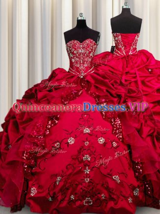 Elegant Embroidery Sequins Floor Length Red Vestidos de Quinceanera Sweetheart Sleeveless Lace Up