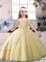 Perfect Floor Length Champagne Child Pageant Dress Tulle Sleeveless Beading
