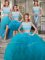 Wonderful Four Piece Teal Lace Up Scoop Beading and Ruffles Vestidos de Quinceanera Tulle Cap Sleeves