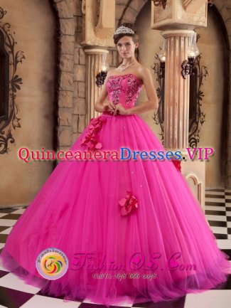 Luxurious Strapless Hot Pink Quinceanera Dress With Flowers And Appliques Decorate On Tulle IN Altham Lancashire