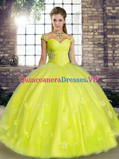 Artistic Yellow Green Sleeveless Beading and Appliques Floor Length Sweet 16 Dress - Click Image to Close