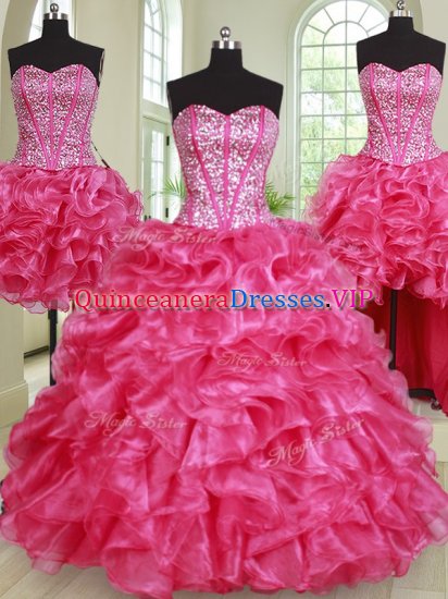 Four Piece Hot Pink Sweetheart Lace Up Beading and Ruffles Quinceanera Dresses Sleeveless - Click Image to Close