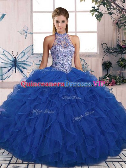 Tulle Sleeveless Floor Length Sweet 16 Quinceanera Dress and Beading and Ruffles - Click Image to Close