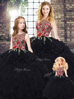Floor Length Black Quinceanera Gowns Organza Sleeveless Embroidery and Ruffles