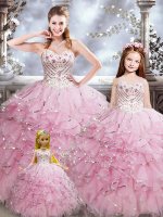 Sumptuous Floor Length Baby Pink Ball Gown Prom Dress Organza Sleeveless Beading and Ruffles