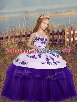 Inexpensive Floor Length Side Zipper Kids Pageant Dress Eggplant Purple for Party and Wedding Party with Embroidery