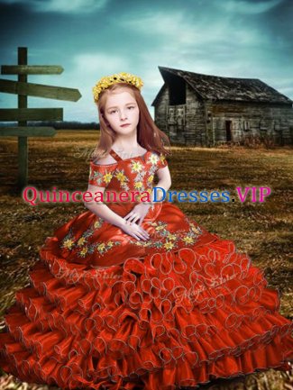 Floor Length Orange Red Little Girls Pageant Gowns Organza Short Sleeves Embroidery and Ruffled Layers