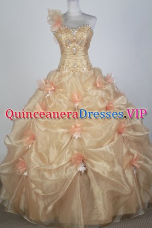 Mexican Exclusive Ball Gown One Shoulder Floor-length Champagne Quinceanera Dress LZ426021