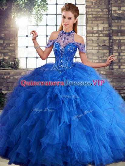 Royal Blue Sleeveless Beading and Ruffles Floor Length Sweet 16 Dresses - Click Image to Close