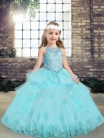 Low Price Aqua Blue Scoop Neckline Beading and Lace and Appliques Little Girl Pageant Gowns Sleeveless Lace Up(SKU PAG1239-7BIZ)